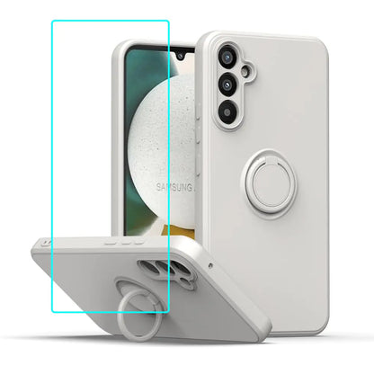 A green silicone phone case for Samsung with a screen protector, featuring a ring kickstand and camera protection.