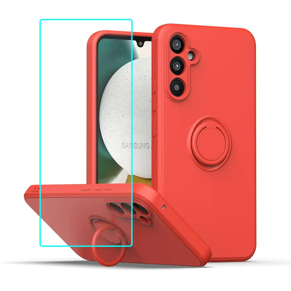 A green silicone phone case for Samsung with a screen protector, featuring a ring kickstand and camera protection.