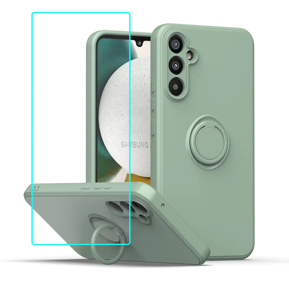 A green silicone phone case for Samsung with a screen protector, featuring a ring kickstand and camera protection.