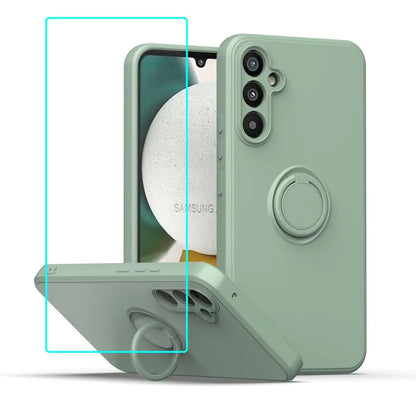 A green silicone phone case for Samsung with a screen protector, featuring a ring kickstand and camera protection.