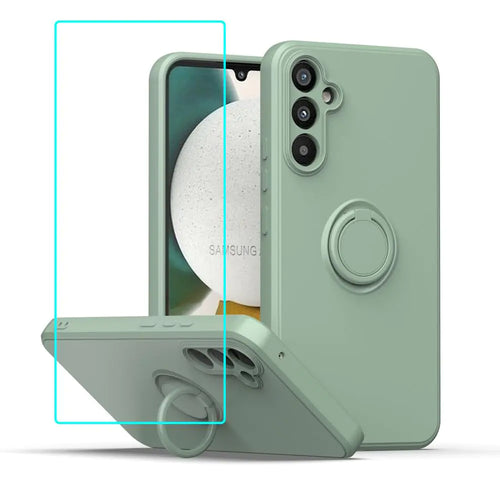 A green silicone phone case for Samsung with a screen protector, featuring a ring kickstand and camera protection.