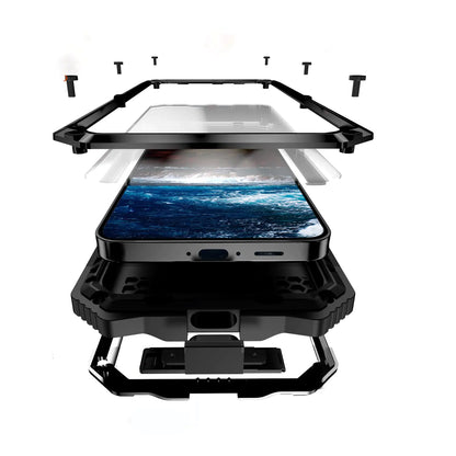 A red and black metal heavy-duty phone case for Google Pixel, showing the front, side, and back views with the screen protection feature.