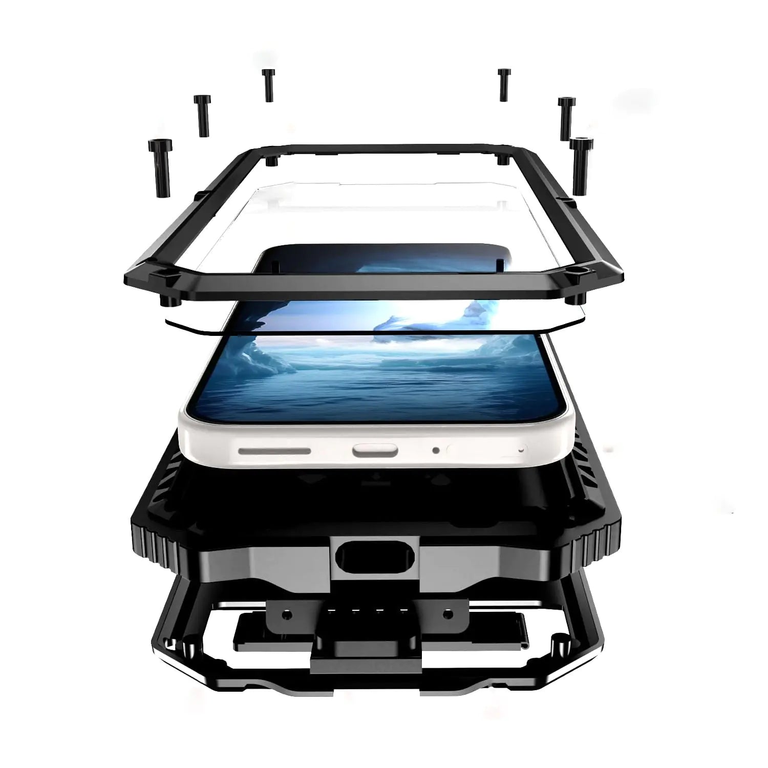 A red and black metal heavy-duty phone case for Google Pixel, showing the front, side, and back views with the screen protection feature.