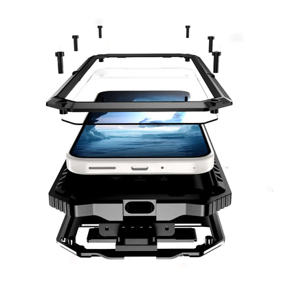 A red and black metal heavy-duty phone case for Google Pixel, showing the front, side, and back views with the screen protection feature.