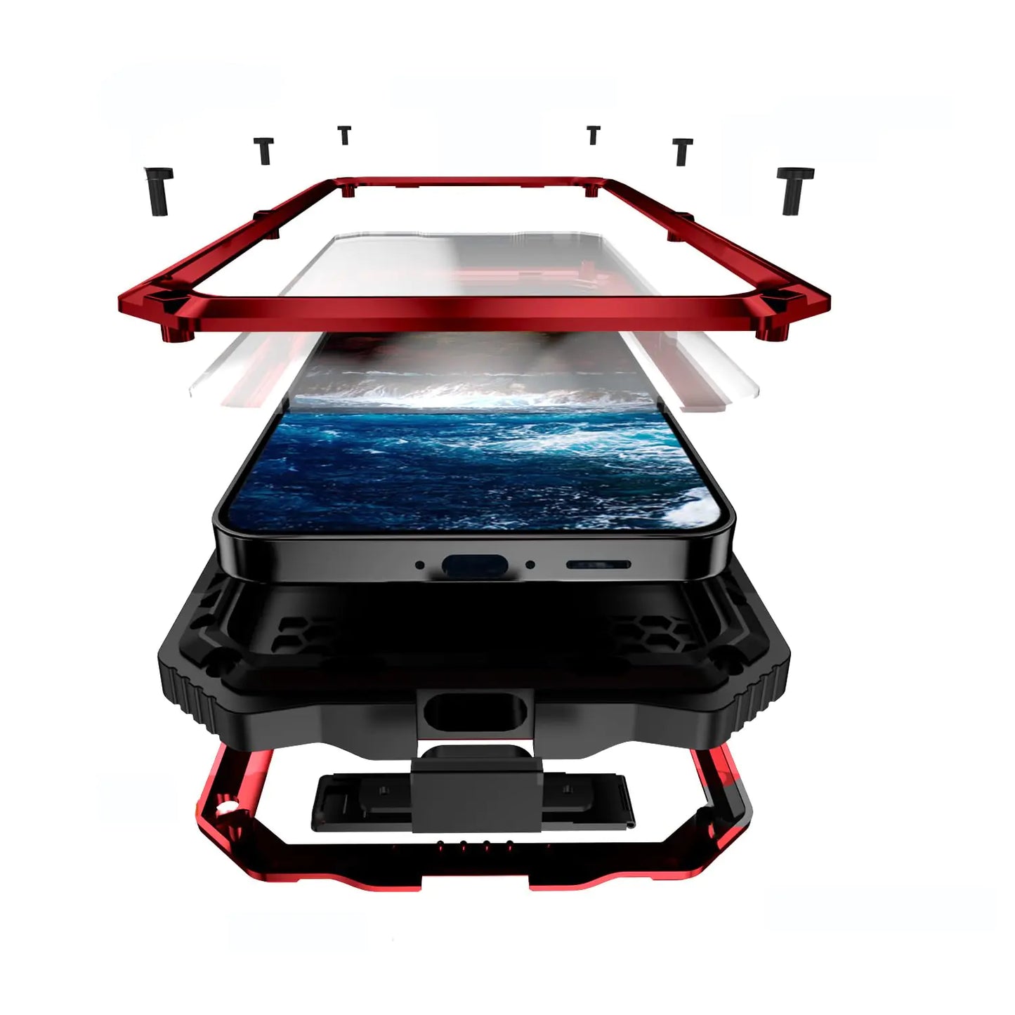 A red and black metal heavy-duty phone case for Google Pixel, showing the front, side, and back views with the screen protection feature.