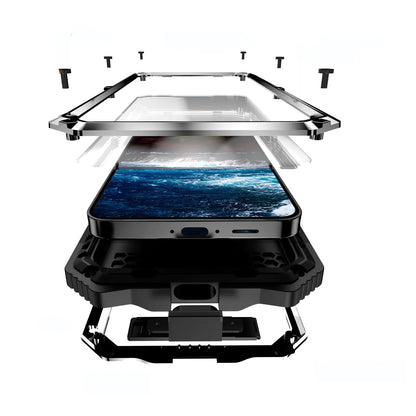 A red and black metal heavy-duty phone case for Google Pixel, showing the front, side, and back views with the screen protection feature.