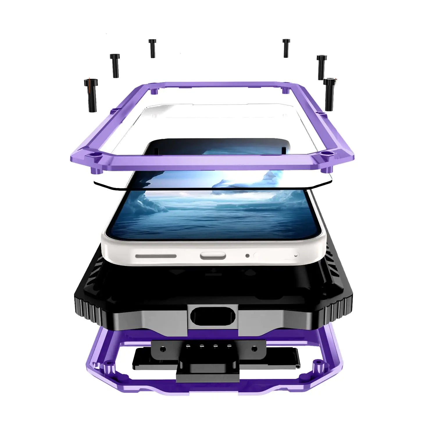 A red and black metal heavy-duty phone case for Google Pixel, showing the front, side, and back views with the screen protection feature.