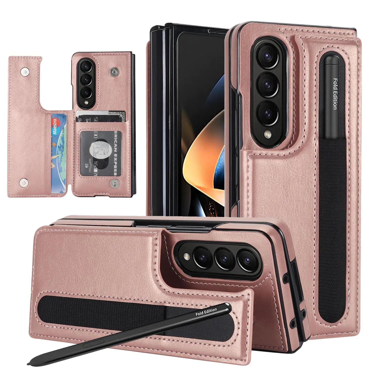 A brown, leather wallet protector case for the Samsung Galaxy Z Fold 3 with a detachable strap and card holder compartments. The case features a quilted design and includes a holder for an S Pen.