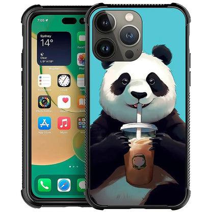 A mobile phone case with a graphic design of a cartoon panda drinking coffee.