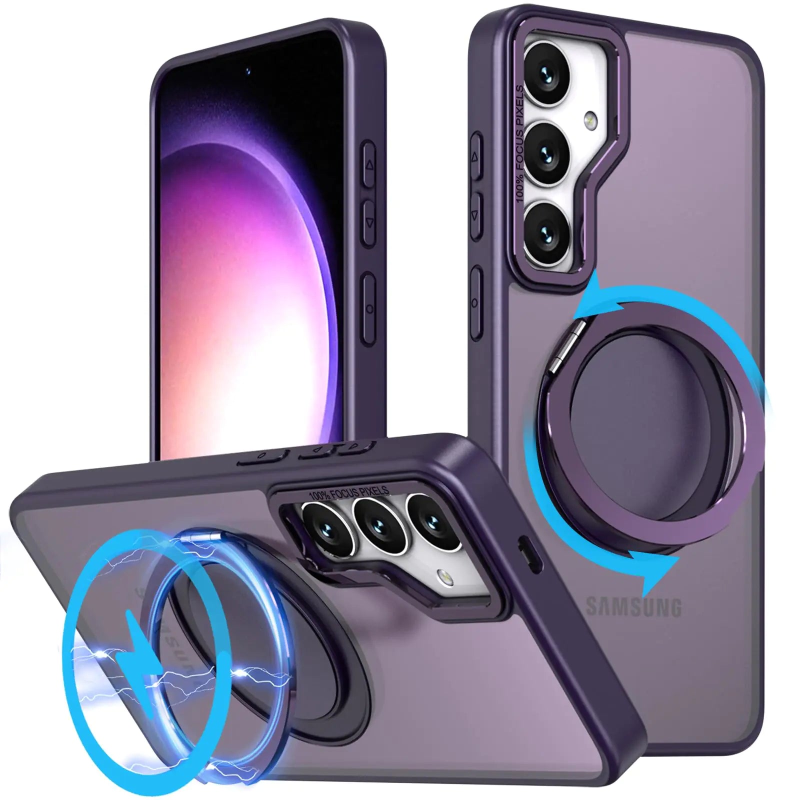 A purple iPhone 14 Pro Max case with a 360° rotatable magnetic ring kickstand on the back. The case is designed to be compatible with Magsafe and provides military-grade shock protection.