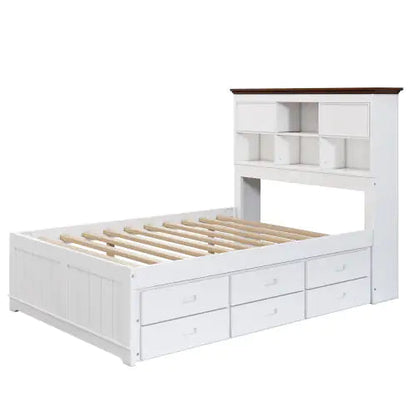 Solid Pine Captain Bookcase Bed With Trundle Bed And 3 Spacious Under Bed Drawers In Casual,Full, White Walnut WEM Support (www.WEM.support)
