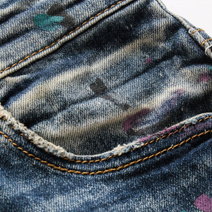 Men's Ripped Patch Jeans Youth Slim Pants Biker Pants Inkjet Personality WEM Support (www.WEM.support)