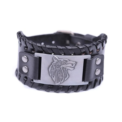 Vintage Wide Leather Woven Wolf Head Bracelet WEM Support (www.WEM.support)