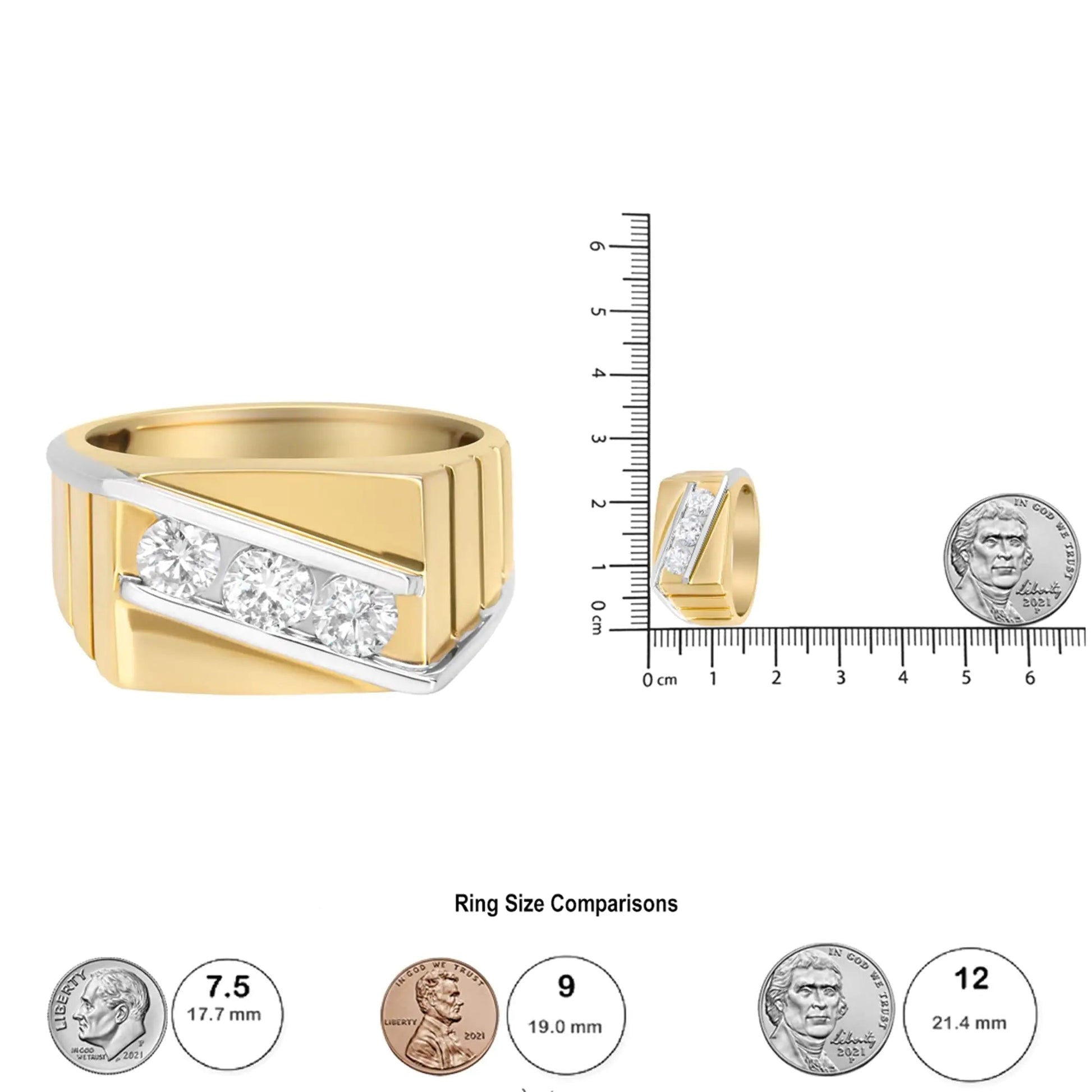 Gents 14K Yellow and White Gold 1.00 Cttw Channel Set Round-Cut Diamond 3 Stone Band Ring (G-H Color, SI1-SI2 Clarity) WEM Support (www.WEM.support)