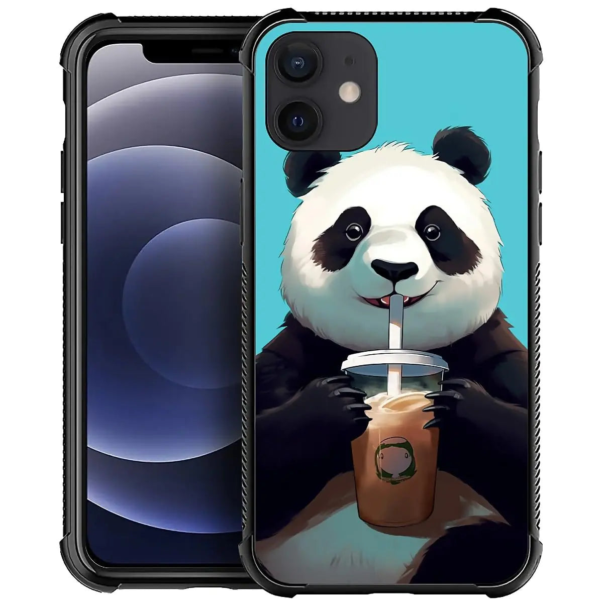 for iPhone 13 Case, Cute Cartoon Panda Drink Coffee Pattern Graphic Design for Girl Boy Soft Silicone Hard Acrylic Shock Protection Designed for iPhone 13