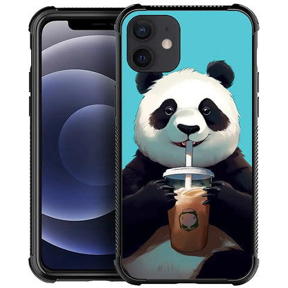 for iPhone 13 Case, Cute Cartoon Panda Drink Coffee Pattern Graphic Design for Girl Boy Soft Silicone Hard Acrylic Shock Protection Designed for iPhone 13