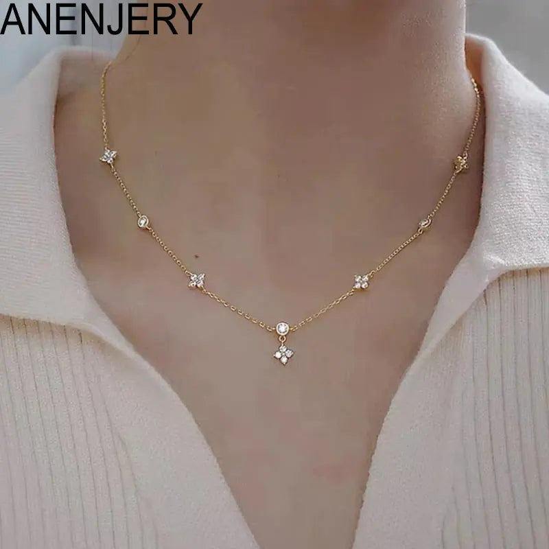 ANENJERY Inlaid Zircon Four-leaf Flower Chain Necklace for Women New Niche Light Luxury Hot Fashion collares choker Accessories WEM Support (www.WEM.support)
