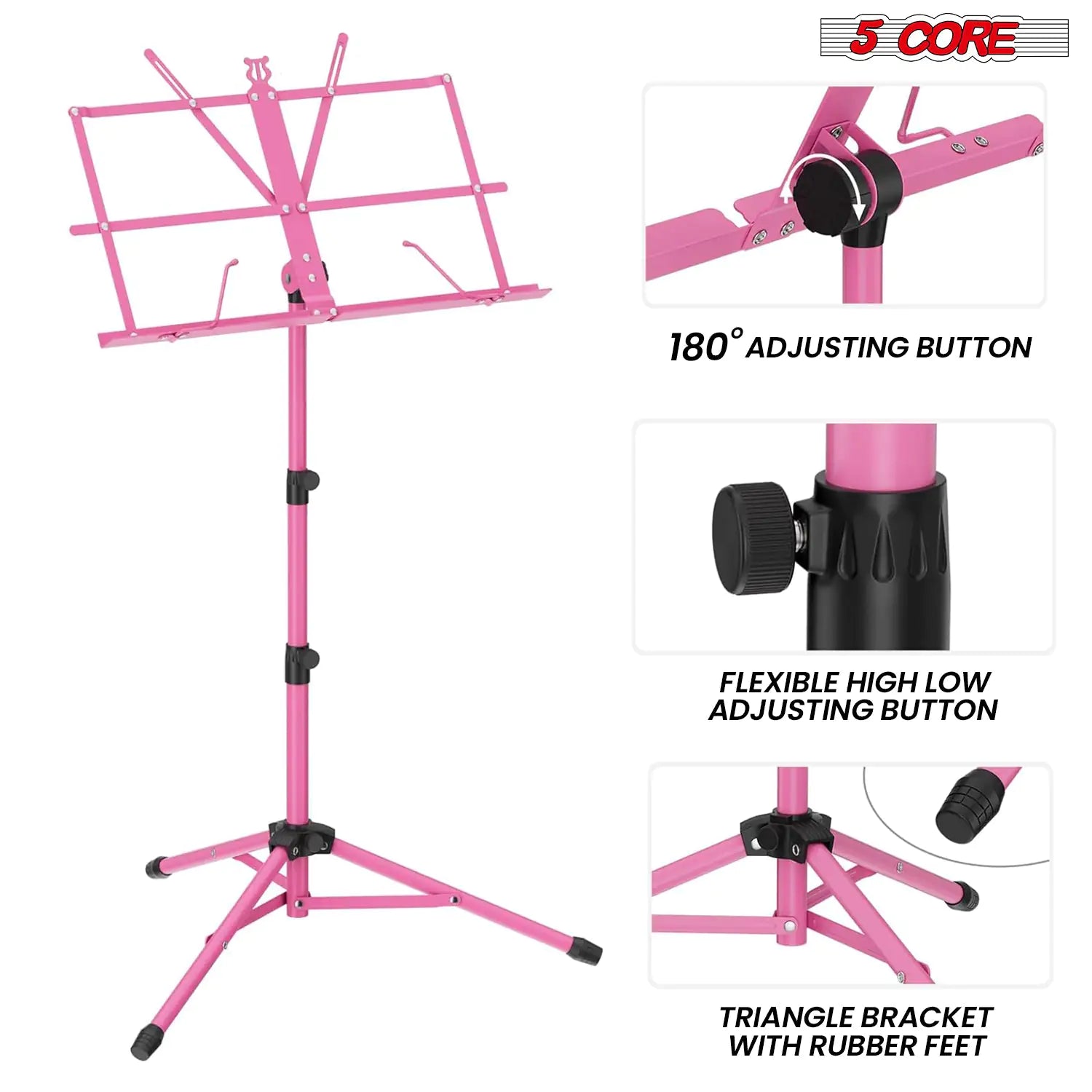 Suporte de Música 5Core para Partituras, Portátil com Tripé Ajustável e Dobrável, Suporte para Notas na Cor ROSA WEM Support (www.WEM.support)