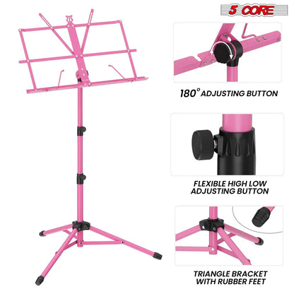 Suporte de Música 5Core para Partituras, Portátil com Tripé Ajustável e Dobrável, Suporte para Notas na Cor ROSA WEM Support (www.WEM.support)