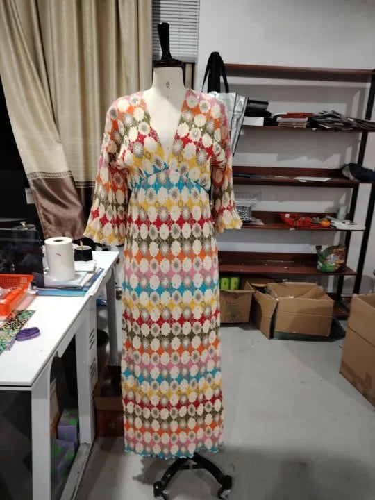 Retro Loose Painted Lantern Sleeve V-neck Printed Dress WEM Support (www.WEM.support)