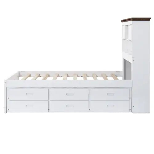 Solid Pine Captain Bookcase Bed With Trundle Bed And 3 Spacious Under Bed Drawers In Casual,Full, White Walnut WEM Support (www.WEM.support)