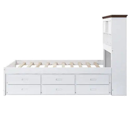 Solid Pine Captain Bookcase Bed With Trundle Bed And 3 Spacious Under Bed Drawers In Casual,Full, White Walnut WEM Support (www.WEM.support)