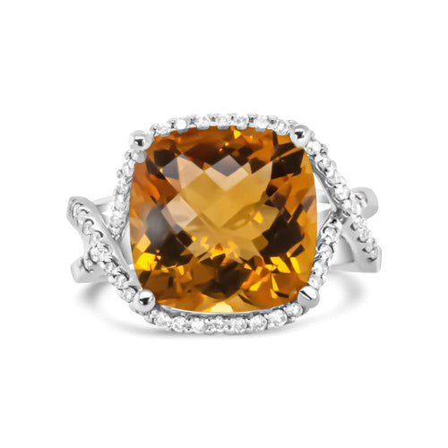 14K White Gold 12mm Cushion Cut Yellow Citrine Gemstone and 1/3 Cttw Round Pave-Set Diamond Ring - (H-I Color, VS1-VS2 Clarity) WEM Support (www.WEM.support)
