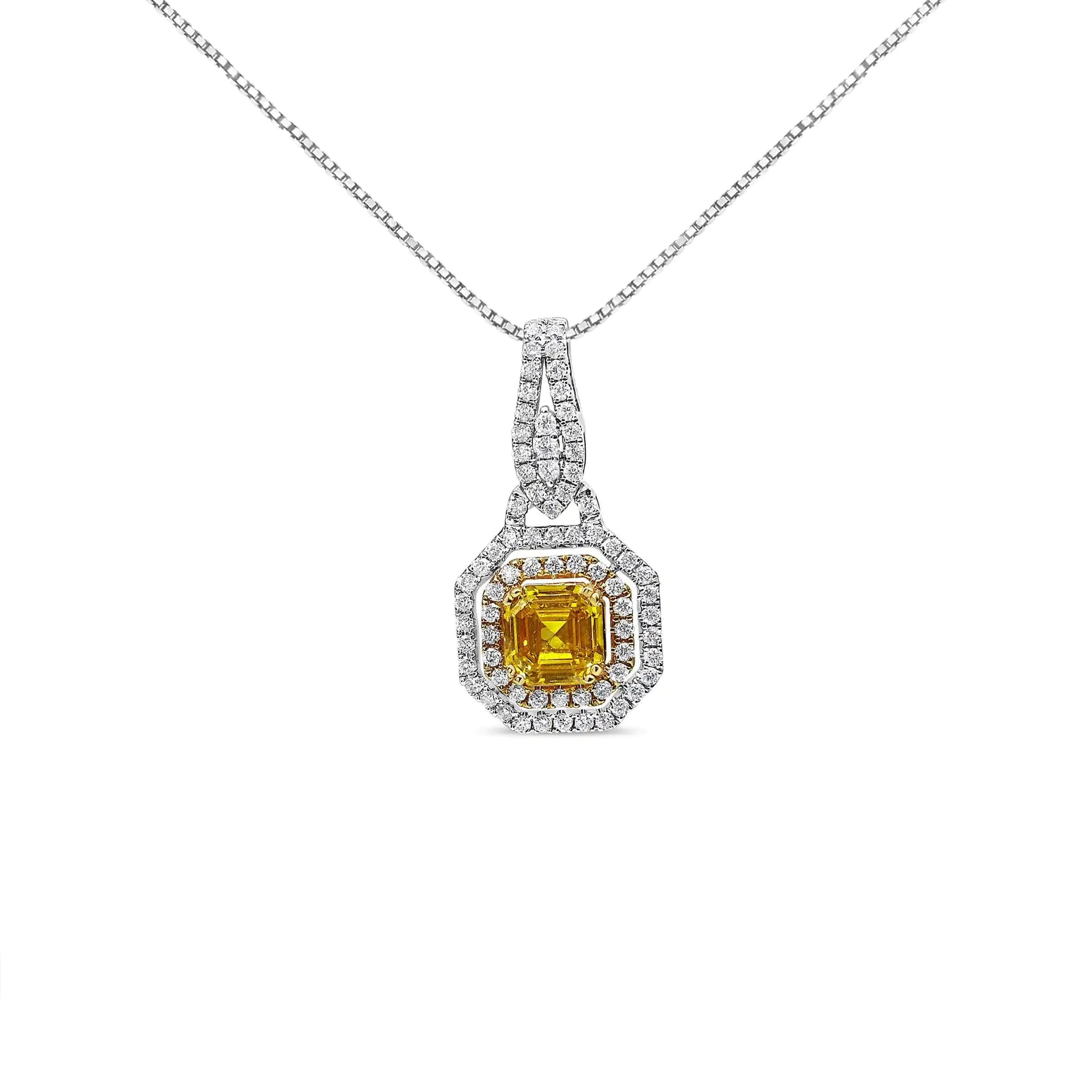 18K White and Yellow Gold 2 3/5 Cttw Lab Grown Yellow Asscher Diamond Double Framed Halo 18" Pendant Necklace (Yellow/G-H Color, VS1-VS2 Clarity) WEM Support (www.WEM.support)