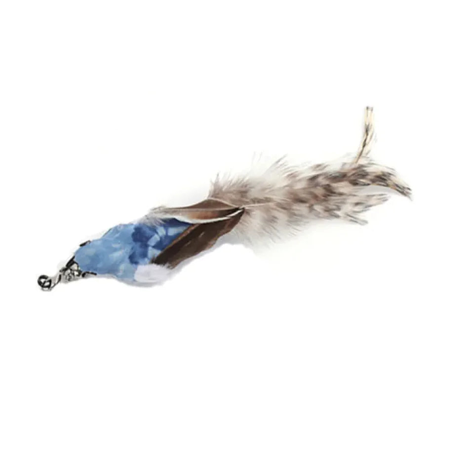 A cat teaser wand with a long steel wire rod and a feather attachment at the end, with a small bell and decorative flower.