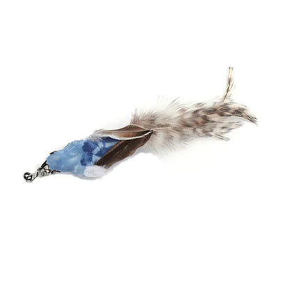 A cat teaser wand with a long steel wire rod and a feather attachment at the end, with a small bell and decorative flower.