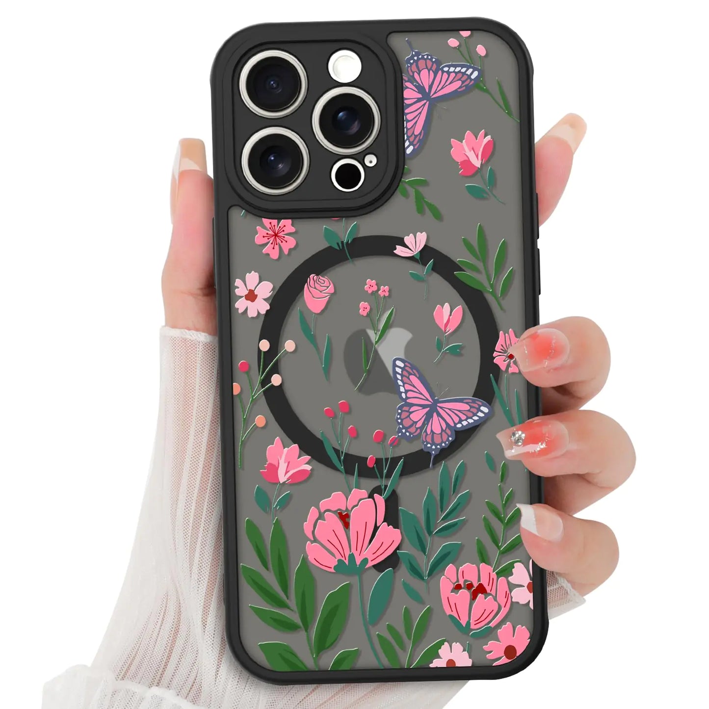 BITOBE Floral Case for iPhone 13 [Compatible with MagSafe] Cute Flower Pattern Case for Women Girls Soft TPU Bumper Translucent Magnetic Slim Protective Cover - Black Rose