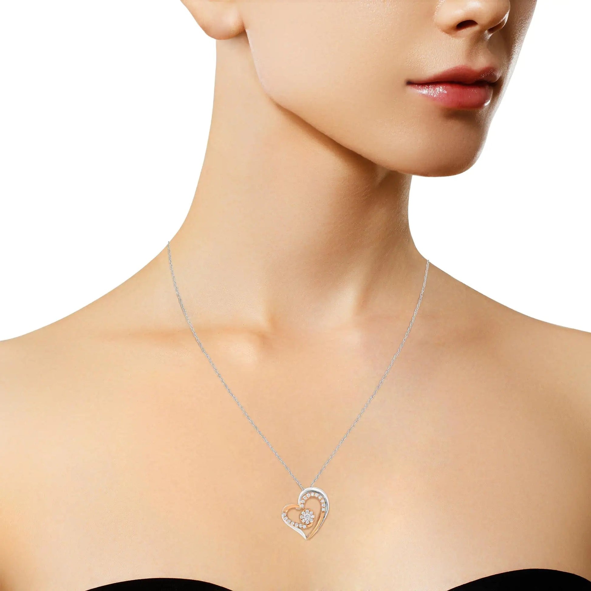 Collier Pendentif Coeur en Argent Sterling Plaqué Or Rose et Blanc 10k avec Diamants de Laboratoire de 3/8 carat (Couleur F-G, Clarté VS2-SI1) WEM Support (www.WEM.support)