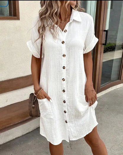 Summer Short Sleeve Shirt Dress Fashion Solid Color Single-breasted Mid-length Loose Dress WEM Support (www.WEM.support)