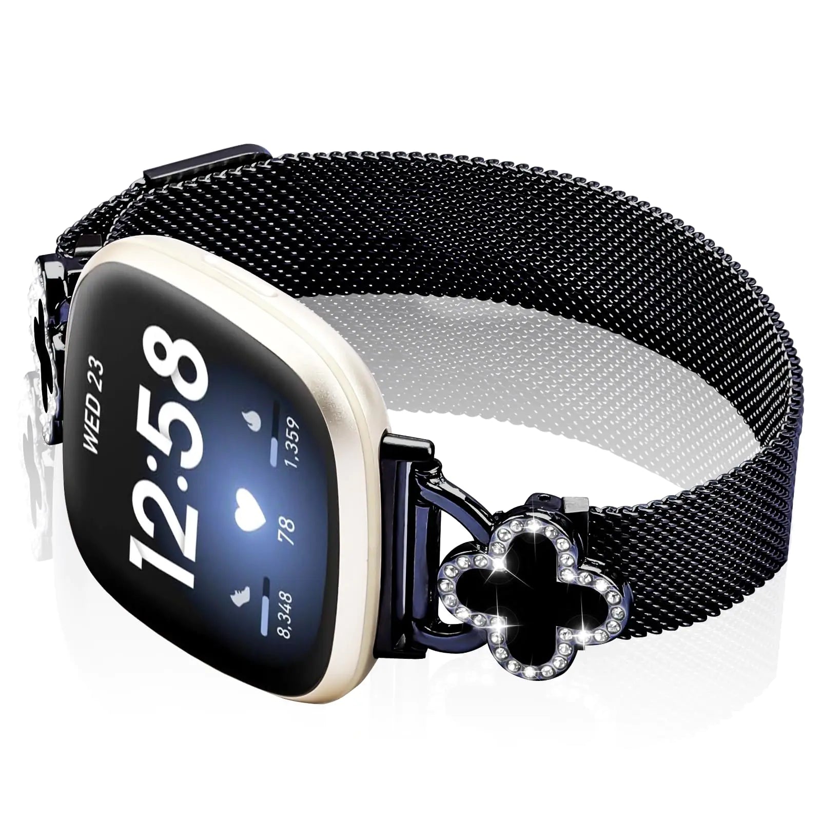 Band Compatible with Fitbit Sense/Sense 2 Versa 3/Versa 4 for Women Stainless Steel Magnetic Strap Adjustable Four Leaf Clover Watch Bands. HejK.com