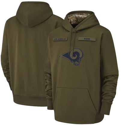 A green pullover hoodie with long sleeves, featuring a NFL team's bear logo in the center, and additional branding on the upper left side.