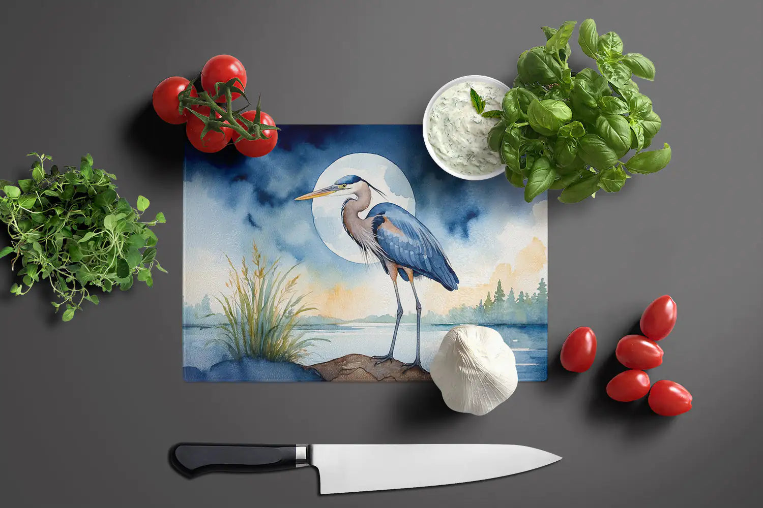 Blue Heron Under the Moonlight Glass Cutting Board WEM Support (www.WEM.support)