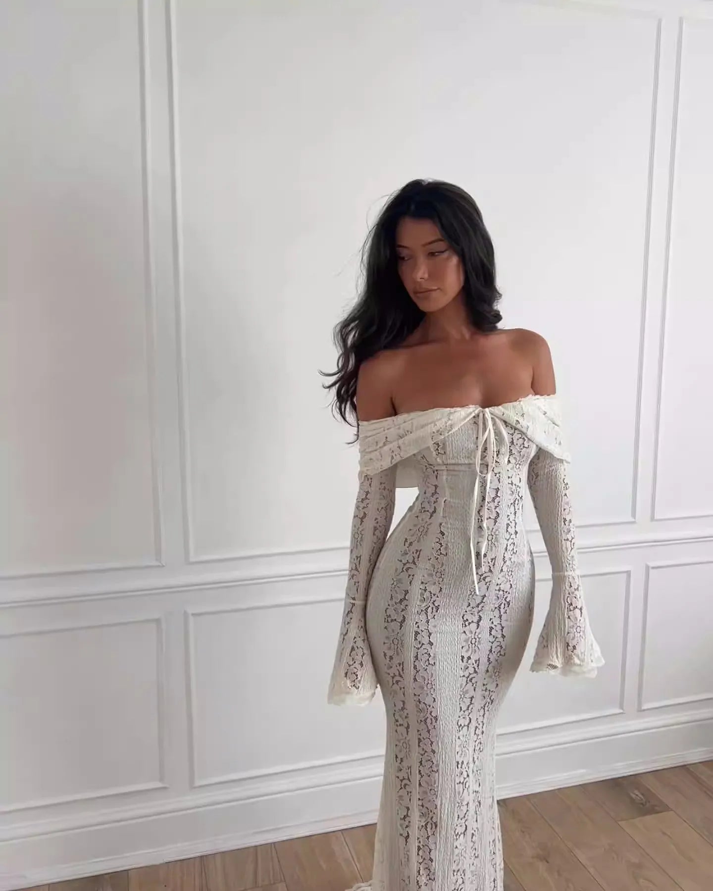 Off-Shoulder Flared Sleeve Sheath Dress