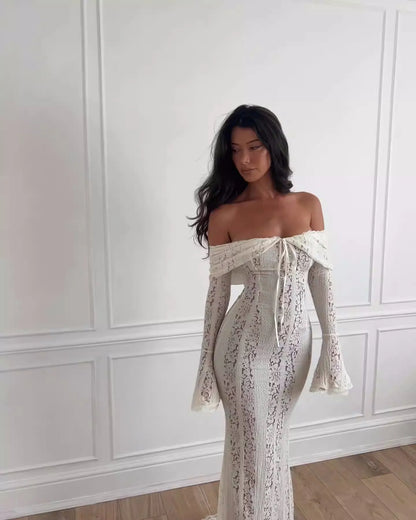 Off-Shoulder Flared Sleeve Sheath Dress