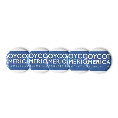 The Set of Pin Buttons features a blue and white circular design with white text, a glossy finish, and is both scratch- and UV-resistant.