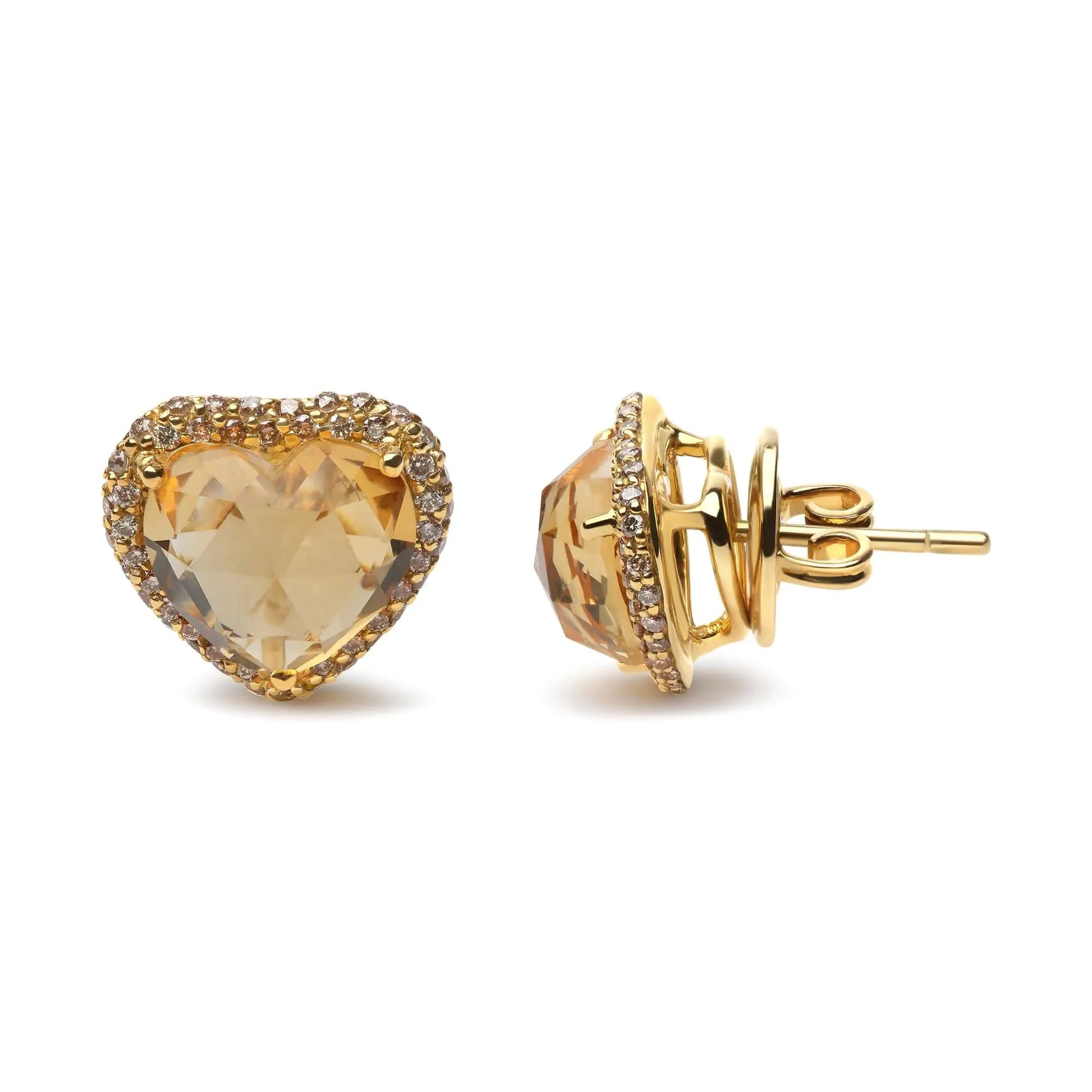 18K Yellow Gold 2/3 Cttw Brown Diamonds and 11x11mm Heart-Cut Yellow Citrine Gemstone Halo Heart Stud Earrings (Brown Color, SI1-SI2 Clarity) WEM Support (www.WEM.support)