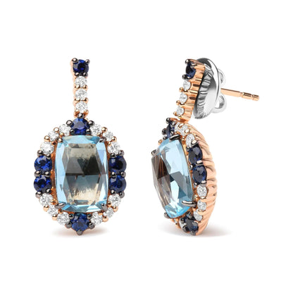 18K White and Rose Gold and 3/4 Cttw Diamond with Round Blue Sapphire and 13x8mm Cushion Cut Sky Blue Topaz Gemstone Cluster Dangle Earrings (G-H Color, SI1-SI2 Clarity) WEM Support (www.WEM.support)