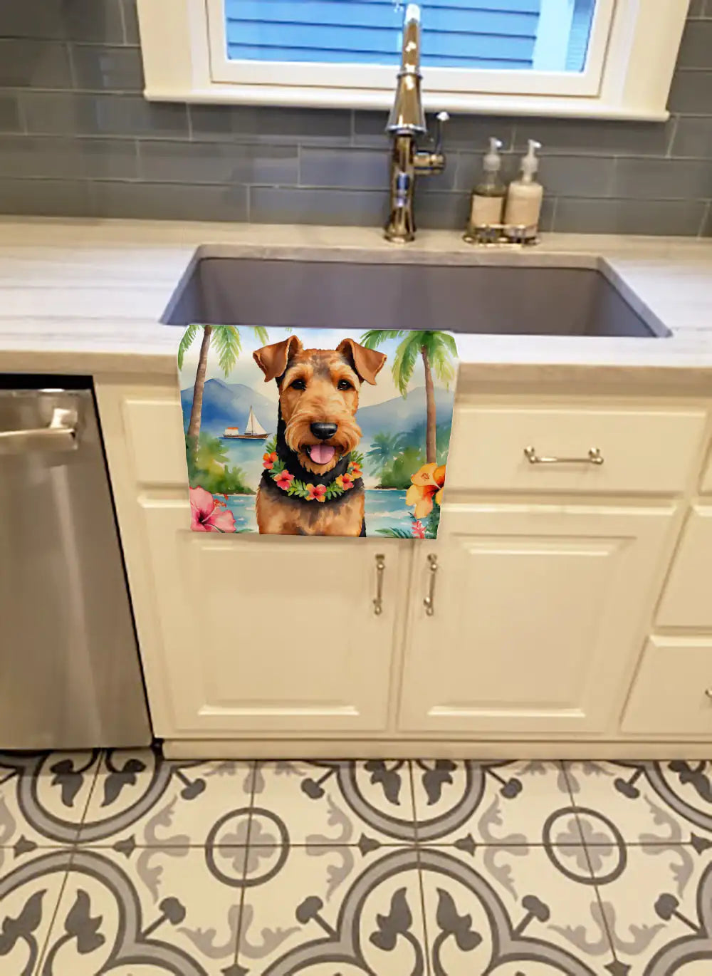 Airedale Terrier Luau Kitchen Towel WEM Support (www.WEM.support)