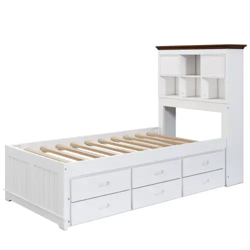Solid Pine Captain Bookcase Bed With Trundle Bed And 3 Spacious Under Bed Drawers In Casual,Twin, White Walnut WEM Support (www.WEM.support)