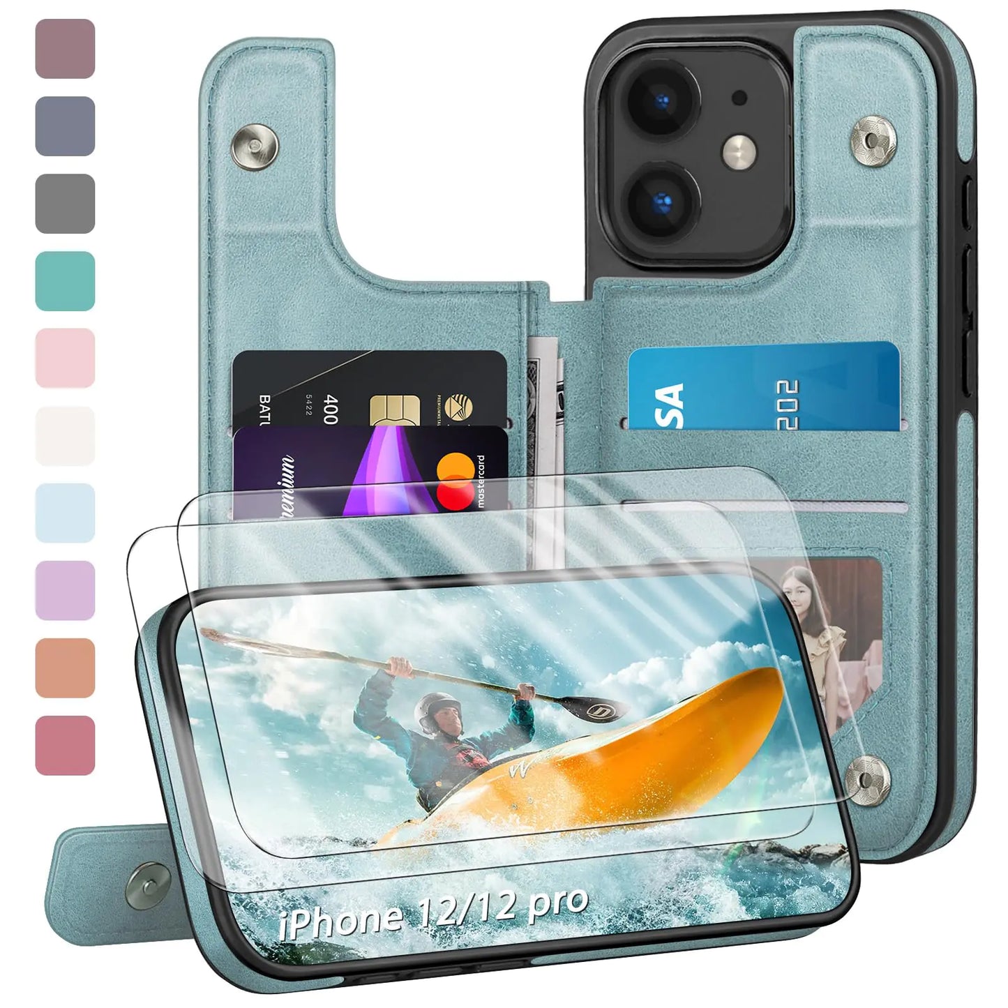 Designed for iPhone 12/12 Pro Case Wallet, Card Holder Case with [2 Screen Protectors][Magnetic Clasp Folio Cover][RFID Blocking Leather] Shockproof Women Men Cases 6.1" for Apple 12 Light Brown