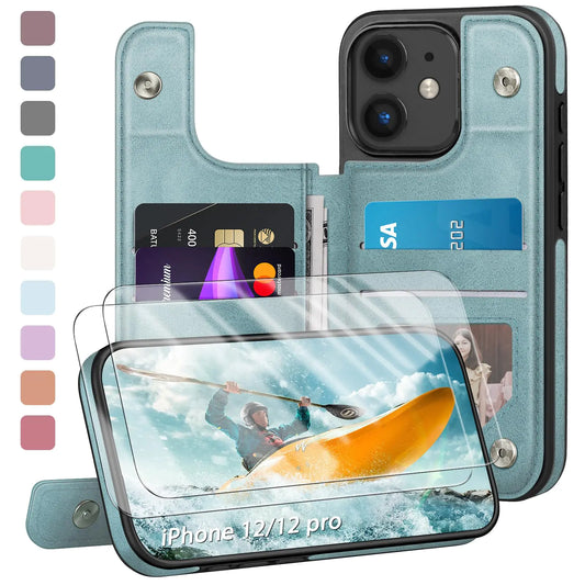 Designed for iPhone 12/12 Pro Case Wallet, Card Holder Case with [2 Screen Protectors][Magnetic Clasp Folio Cover][RFID Blocking Leather] Shockproof Women Men Cases 6.1" for Apple 12 Light Brown