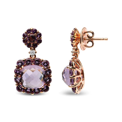 18K Rose Gold Diamond Accent and Pink and Purple Amethyst Gemstone Halo Dangle Drop Earrings (G-H Color, SI1-SI2 Clarity) WEM Support (www.WEM.support)