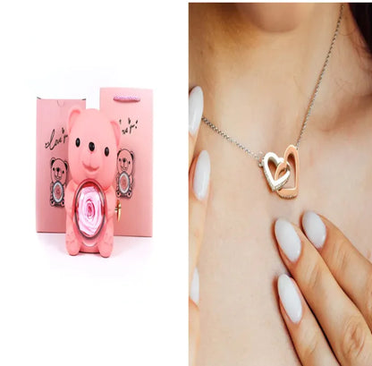 Eternal Rose Teddy Bear Gift Box with Necklace