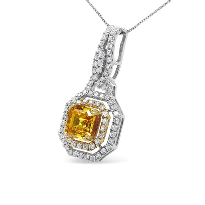 18K White and Yellow Gold 2 3/5 Cttw Lab Grown Yellow Asscher Diamond Double Framed Halo 18" Pendant Necklace (Yellow/G-H Color, VS1-VS2 Clarity) WEM Support (www.WEM.support)