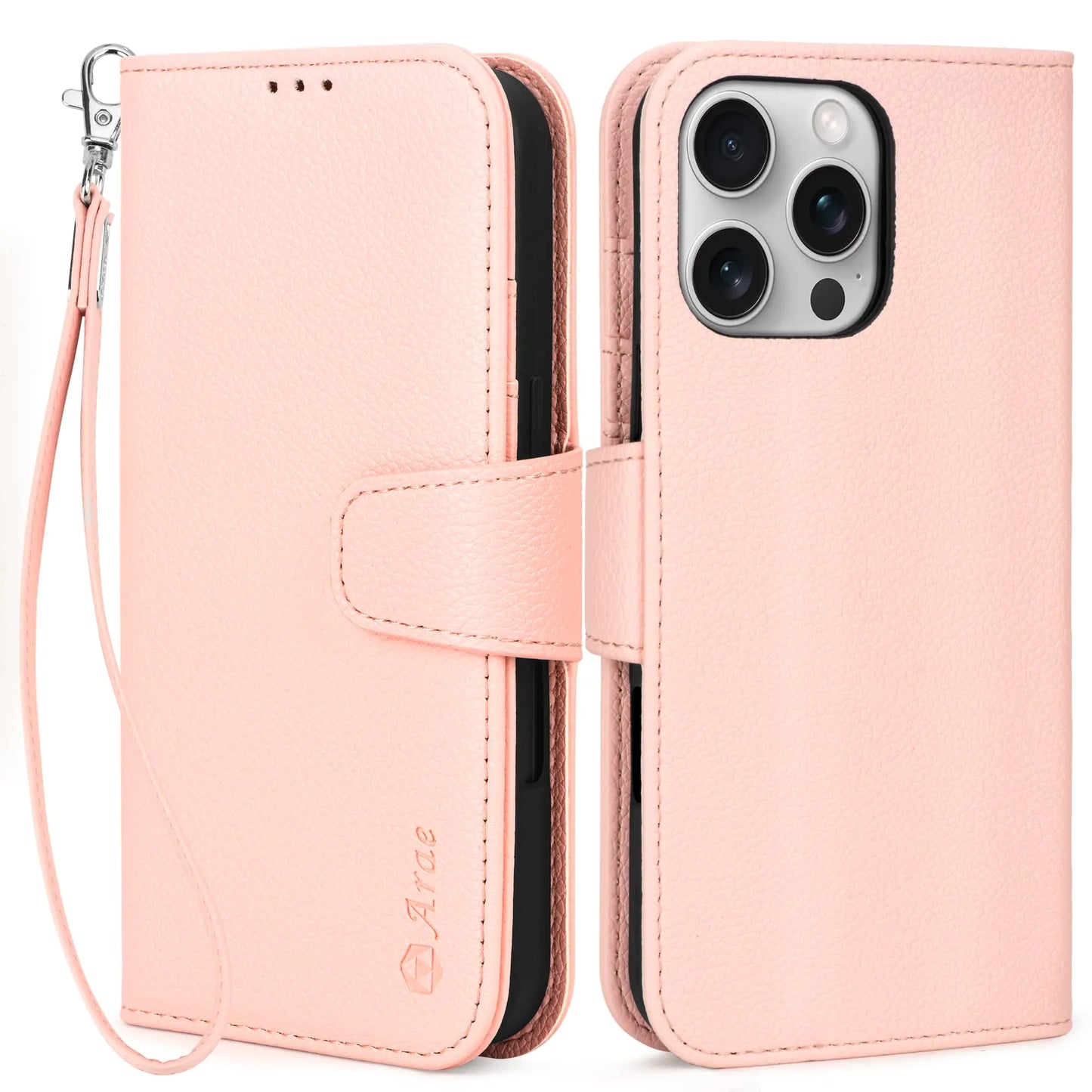 Arae Compatible with iPhone 16 Pro Case Wallet with Card Holder, Wristlet Strap Wallet Flip Cover for iPhone 16 Pro 6.3 inch Men/Women, RFID Blocking, Kickstand, Litchi Cyan