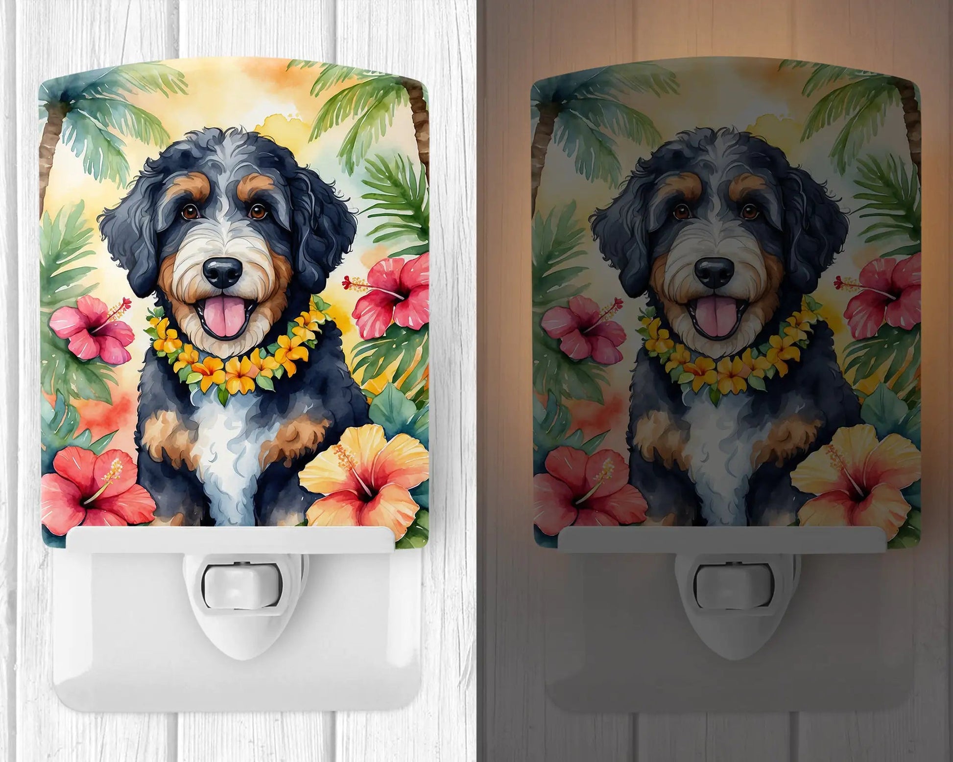 Bernedoodle Luau Ceramic Night Light WEM Support (www.WEM.support)